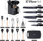 Cooking Utensils Set with Chopping Board – Knife Set with Block – Heat Resistant Silicone Utensils with Wooden Handle, Spoons, Ladles & Spatula – Kitchen Tools & Accessories – 17pcs, Grey – by Nuovva