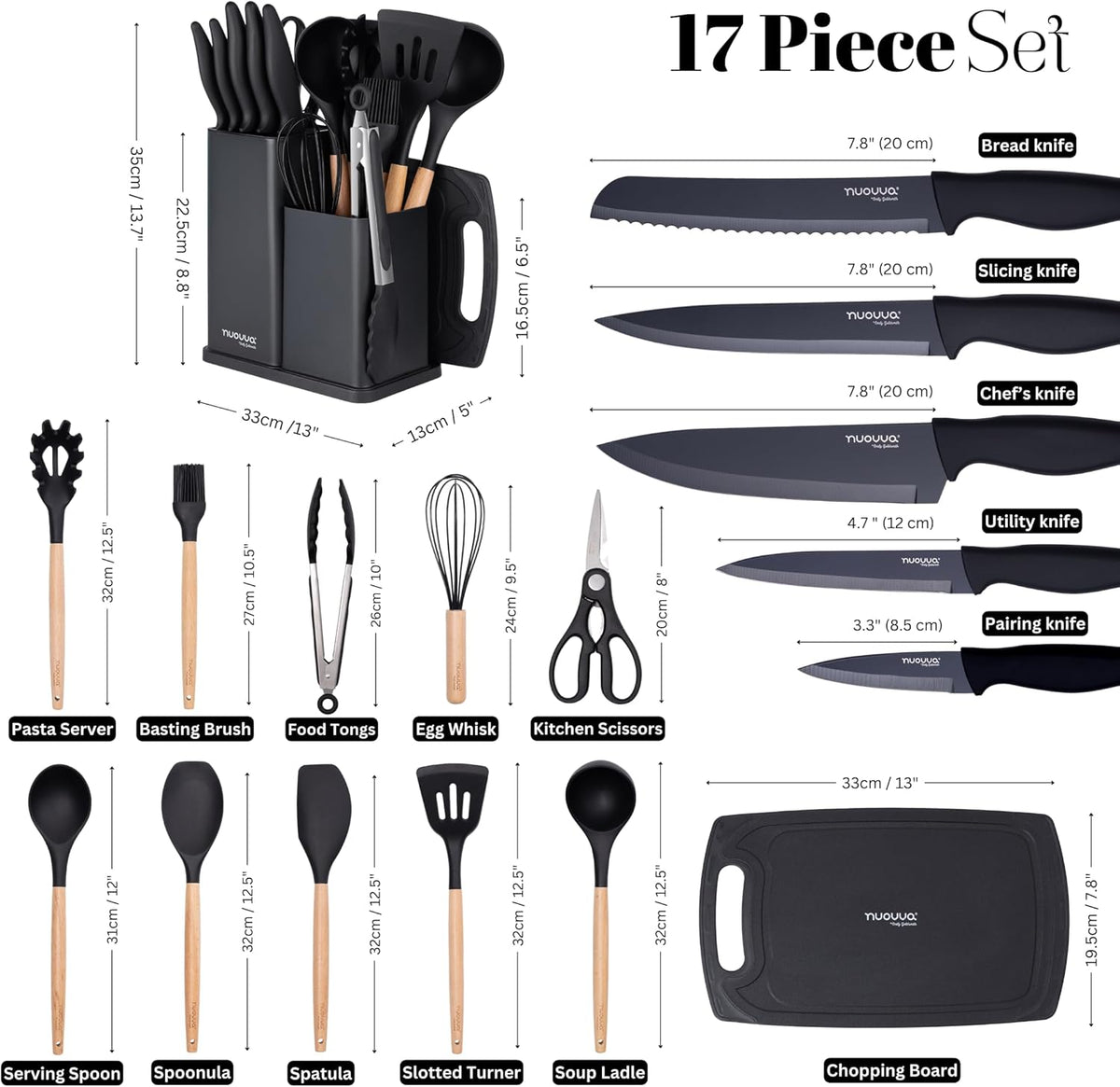Cooking Utensils Set with Chopping Board – Knife Set with Block – Heat Resistant Silicone Utensils with Wooden Handle, Spoons, Ladles & Spatula – Kitchen Tools & Accessories – 17pcs, Grey – by Nuovva