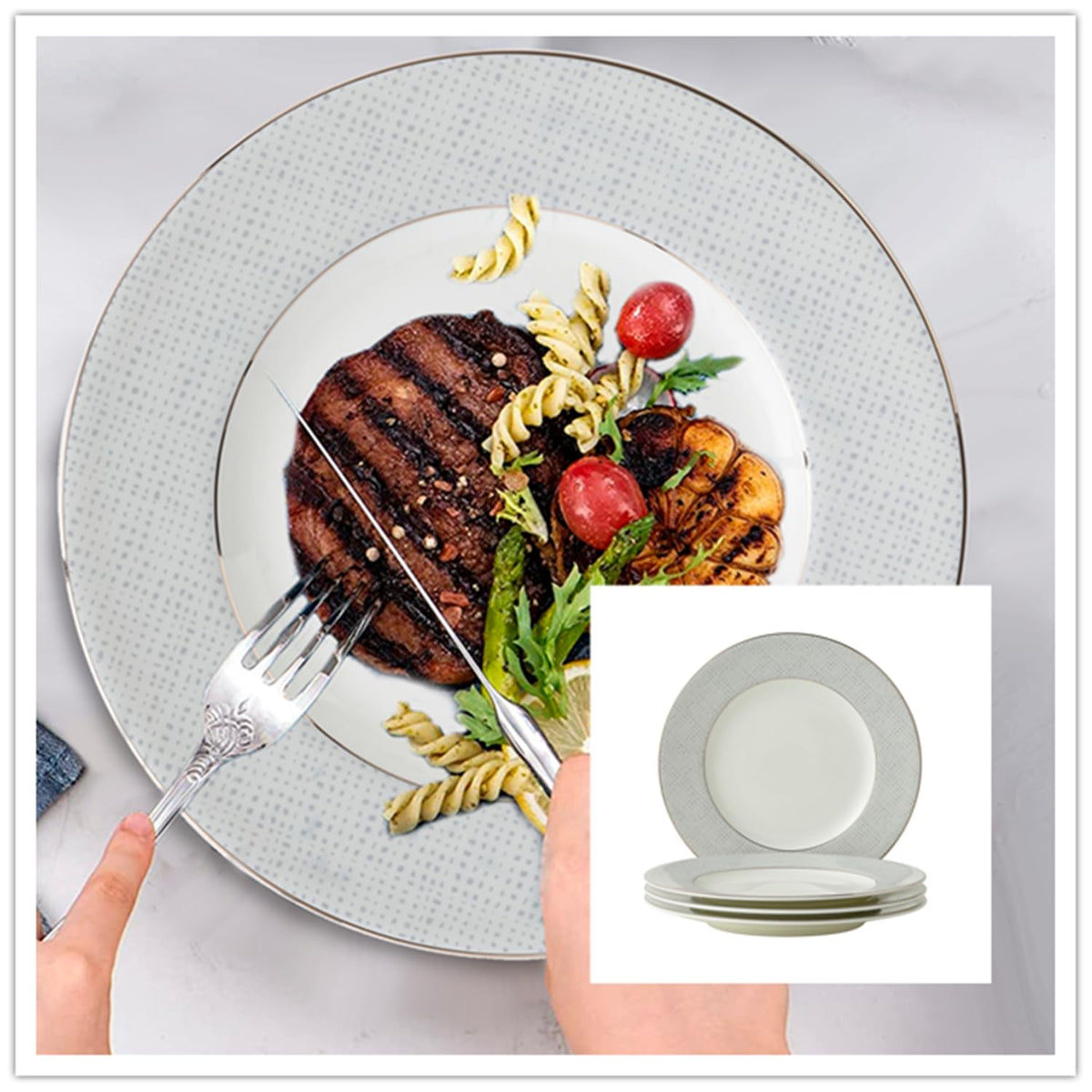 London Boutique Smaller Dinner Plates Silver Banding