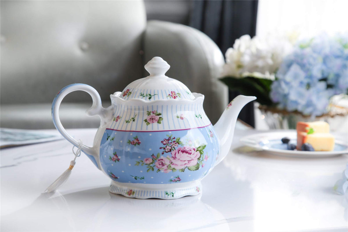 Porcelain Teapot Sets Teapot Sugar Bowl and Cream Milk Jug Shabby Chic Vintage Floral in Gift Box (Blue)