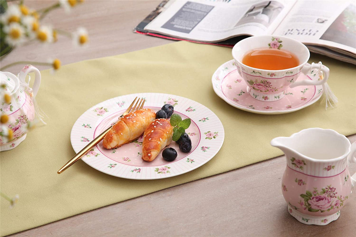 Coffee Tea cups and Saucers set of 2 Vintage Flora Rose Lavender Porcelain Gift Box (Rose Pink 2pc Set)