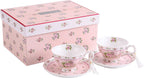 Coffee Tea cups and Saucers set of 2 Vintage Flora Rose Lavender Porcelain Gift Box (Rose Pink 2pc Set)