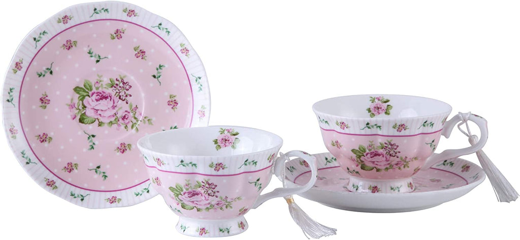 Coffee Tea cups and Saucers set of 2 Vintage Flora Rose Lavender Porcelain Gift Box (Rose Pink 2pc Set)