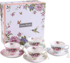 Coffee Tea cup and Saucer set 4 Shabby Chic Vintage porcelain Bird Butterfly Flora Gift Box (1 set of 4)