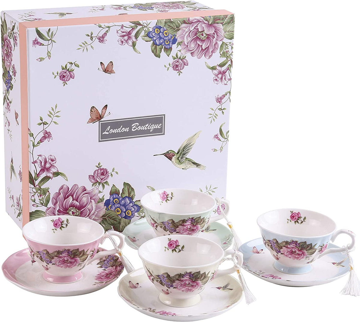 Coffee Tea cup and Saucer set 4 Shabby Chic Vintage porcelain Bird Butterfly Flora Gift Box (1 set of 4)
