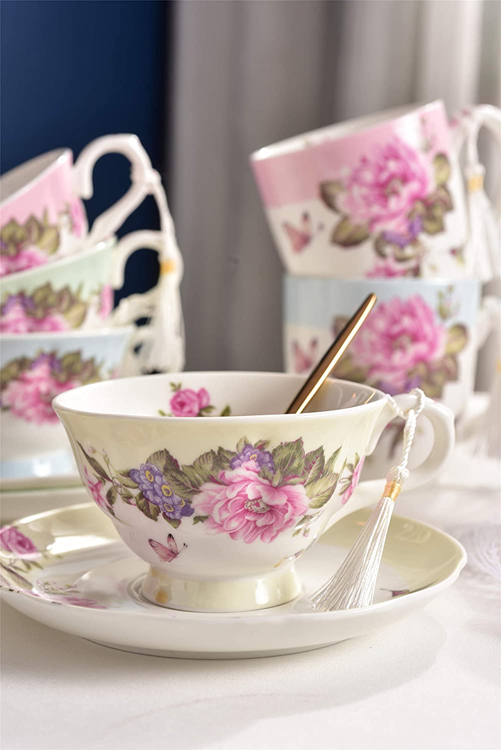 Coffee Tea cup and Saucer set 4 Shabby Chic Vintage porcelain Bird Butterfly Flora Gift Box (1 set of 4)