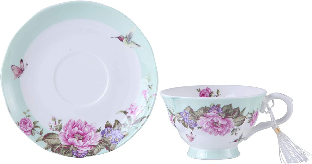 Coffee Tea cup and Saucer set 4 Shabby Chic Vintage porcelain Bird Butterfly Flora Gift Box (1 set of 4)