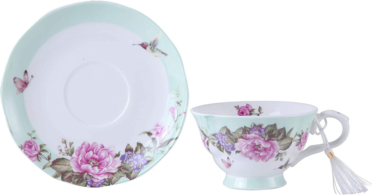 Coffee Tea cup and Saucer set 4 Shabby Chic Vintage porcelain Bird Butterfly Flora Gift Box (1 set of 4)