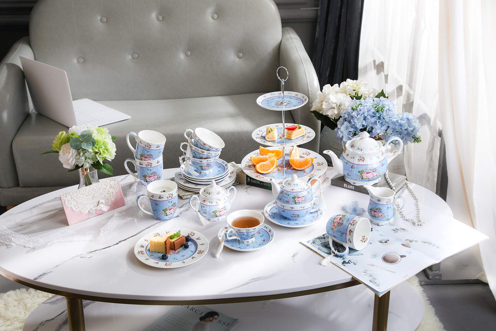 Porcelain Teapot Sets Teapot Sugar Bowl and Cream Milk Jug Shabby Chic Vintage Floral in Gift Box (Blue)