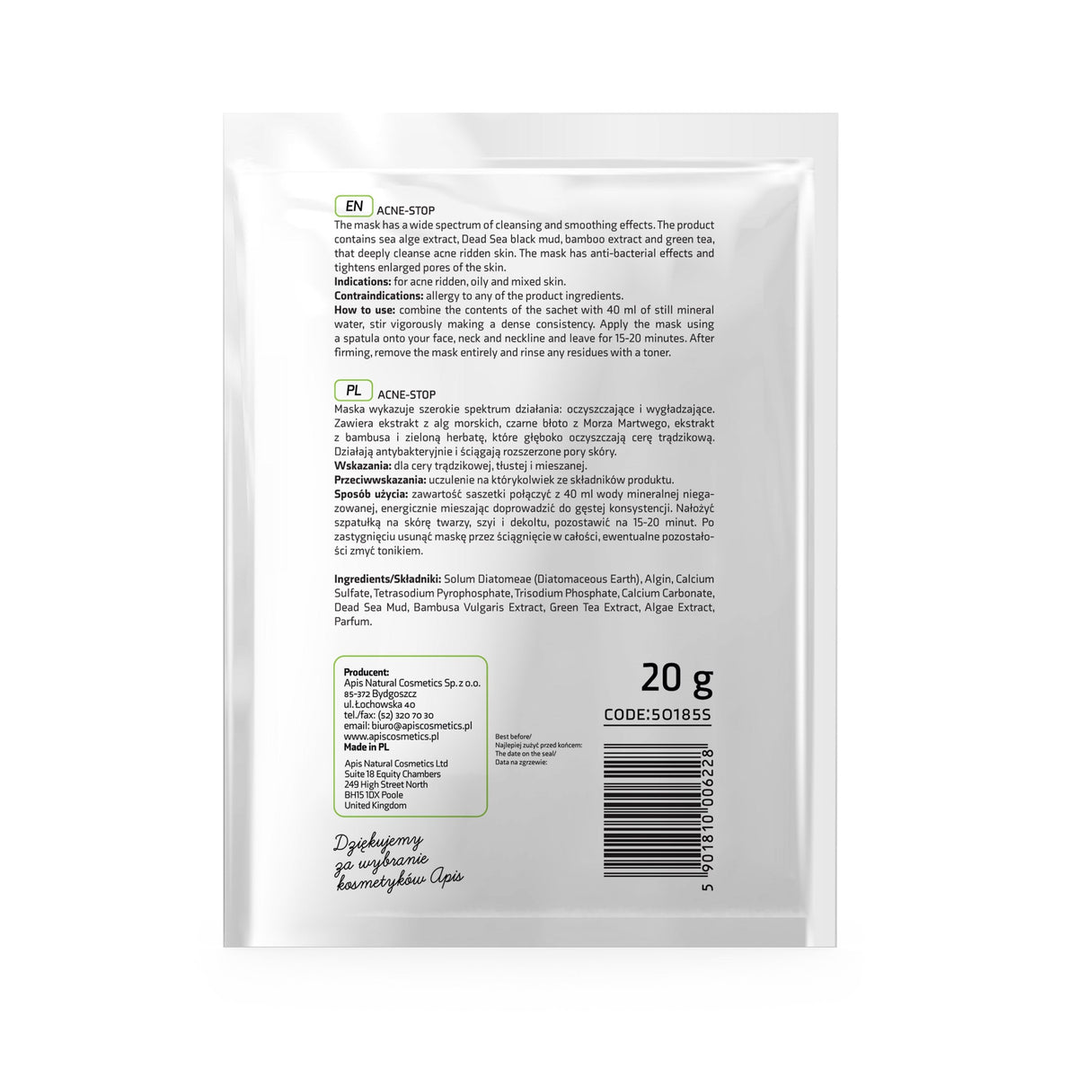 Apis ACNE-STOP Algae Mask for Acne-Prone Skin with Bamboo, Green Tea, and Dead Sea Black Mud | 20g