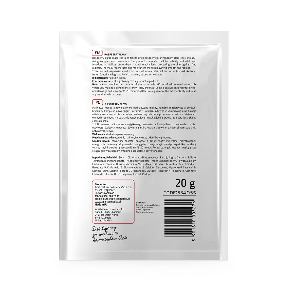 Apis Raspberry Glow Algae Mask with Freeze‑Dried Raspberries | 20 g