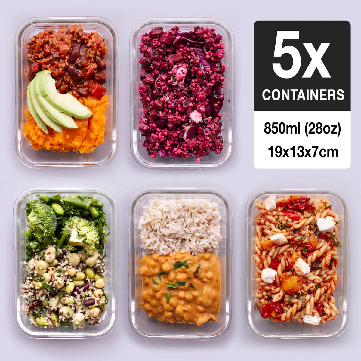 Glass Meal Prep Containers with Lids 5 Pack – 850ml Glass Food Storage & Lunch Containers, Borosilicate, Oven, Freezer & Microwave Safe, Leak-Proof