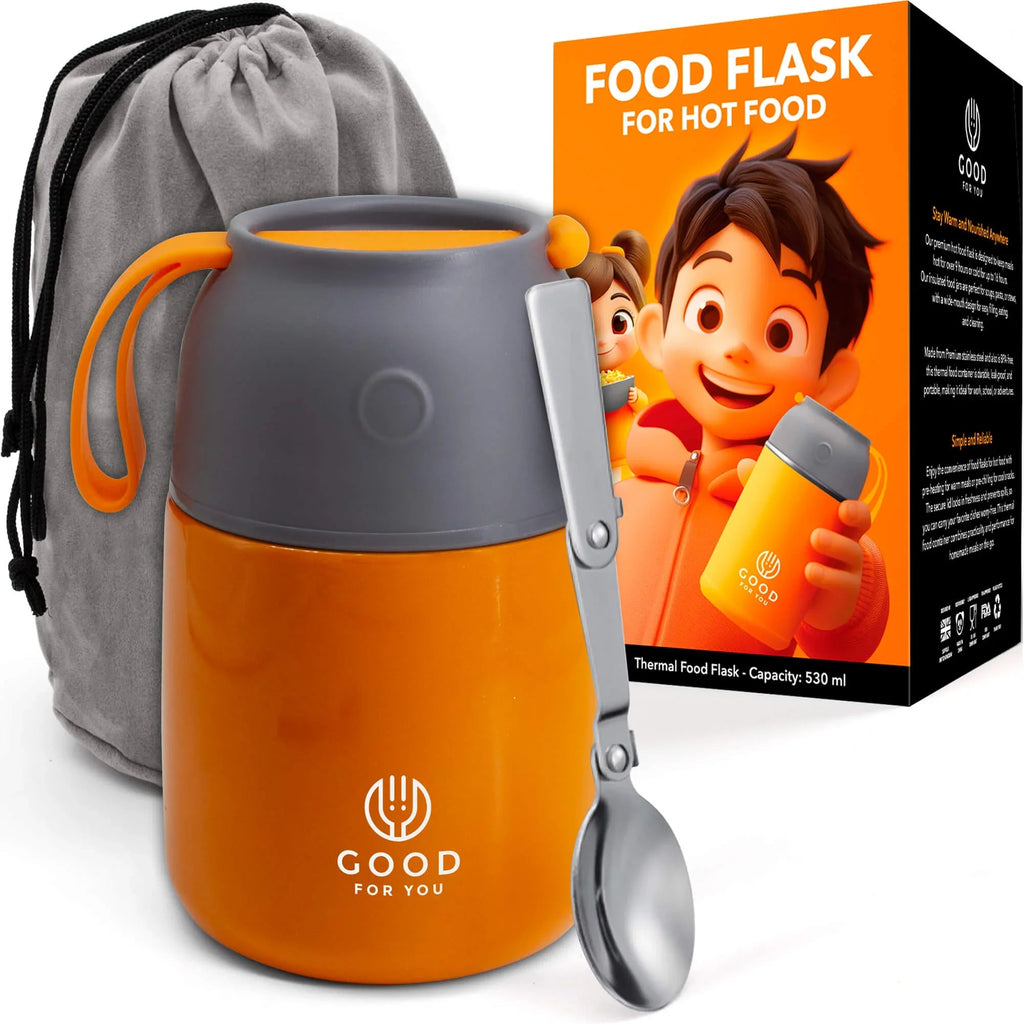 Kids Food Flask 530ml – Insulated Hot Food & Soup Flask with Spoon for School Lunches, Leak-Proof, BPA-Free Stainless Steel | Orange