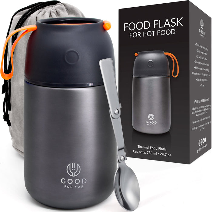 Insulated Food Flask 730ml for Adults – Hot Food & Soup Flask with Spoon for Work, Leak-Proof, BPA-Free Stainless Steel | Grey