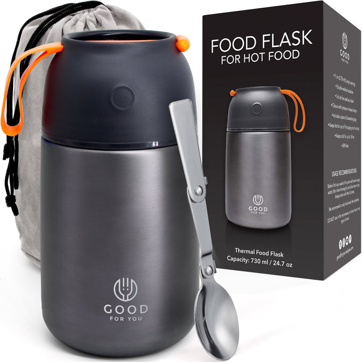 Insulated Food Flask 730ml for Adults – Hot Food & Soup Flask with Spoon for Work, Leak-Proof, BPA-Free Stainless Steel | Grey