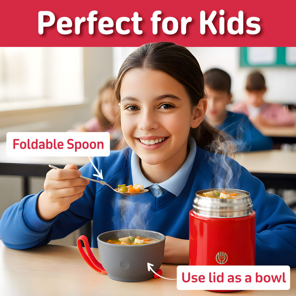 Kids Food Flask 530ml – Insulated Hot Food & Soup Flask with Spoon for School Lunches, Leak-Proof, BPA-Free Stainless Steel | Red