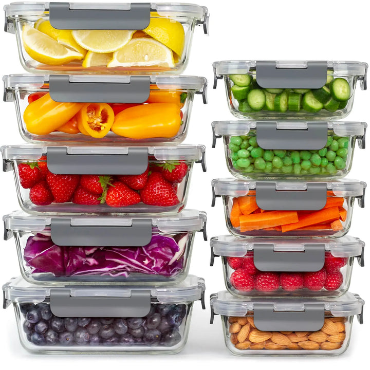 Glass Meal Prep Containers with Lids 10 Pack – Glass Food Storage Containers 5x 1040ml + 5x 370ml, Borosilicate, Oven, Freezer & Microwave Safe