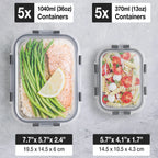 Glass Meal Prep Containers with Lids 10 Pack – Glass Food Storage Containers 5x 1040ml + 5x 370ml, Borosilicate, Oven, Freezer & Microwave Safe