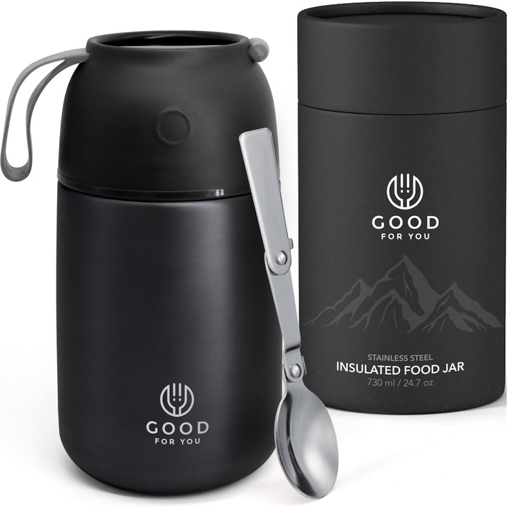 Insulated Food Flask 730ml for Adults – Hot Food & Soup Flask with Spoon for Work, Leak-Proof, BPA-Free Stainless Steel | Black