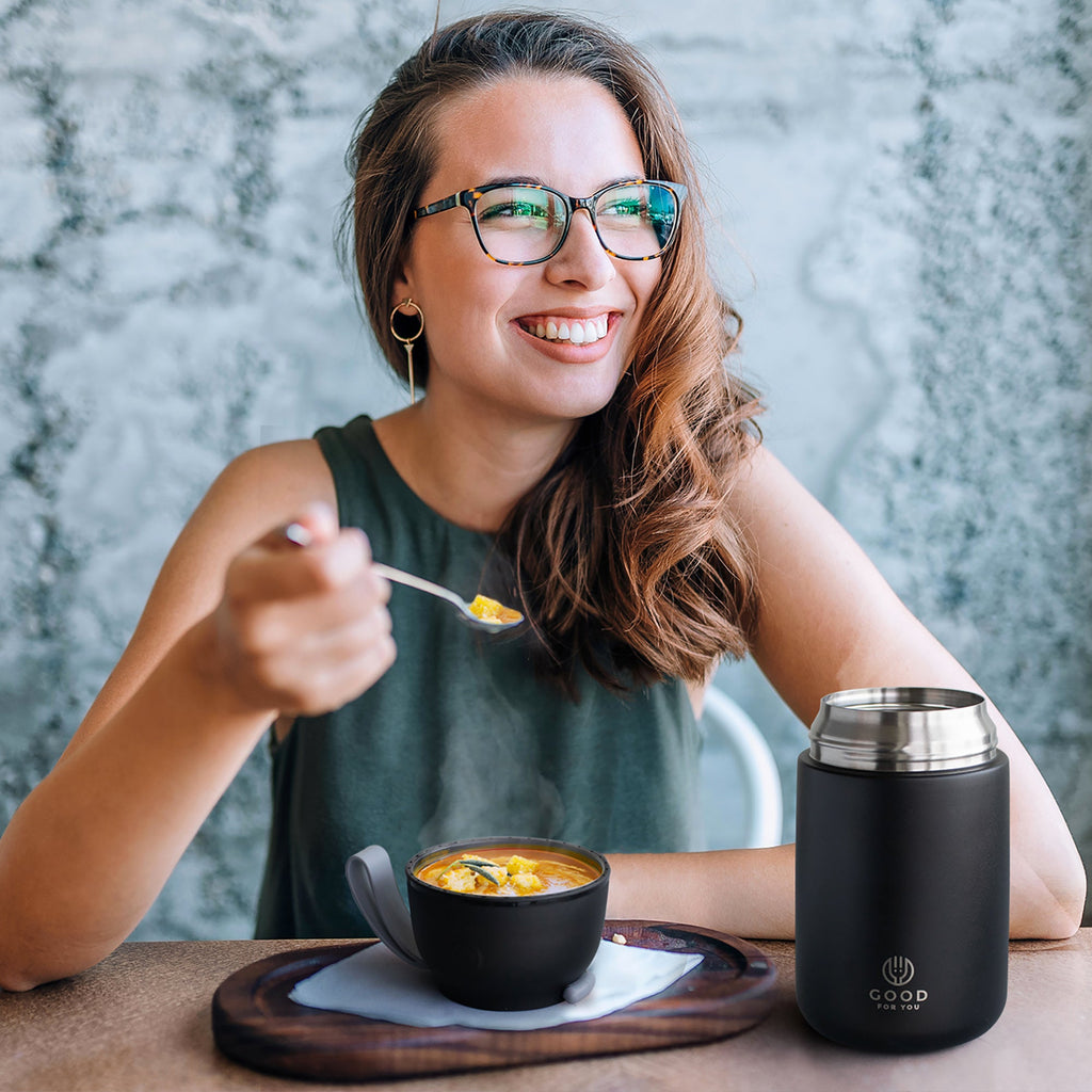 Insulated Food Flask 730ml for Adults – Hot Food & Soup Flask with Spoon for Work, Leak-Proof, BPA-Free Stainless Steel | Black