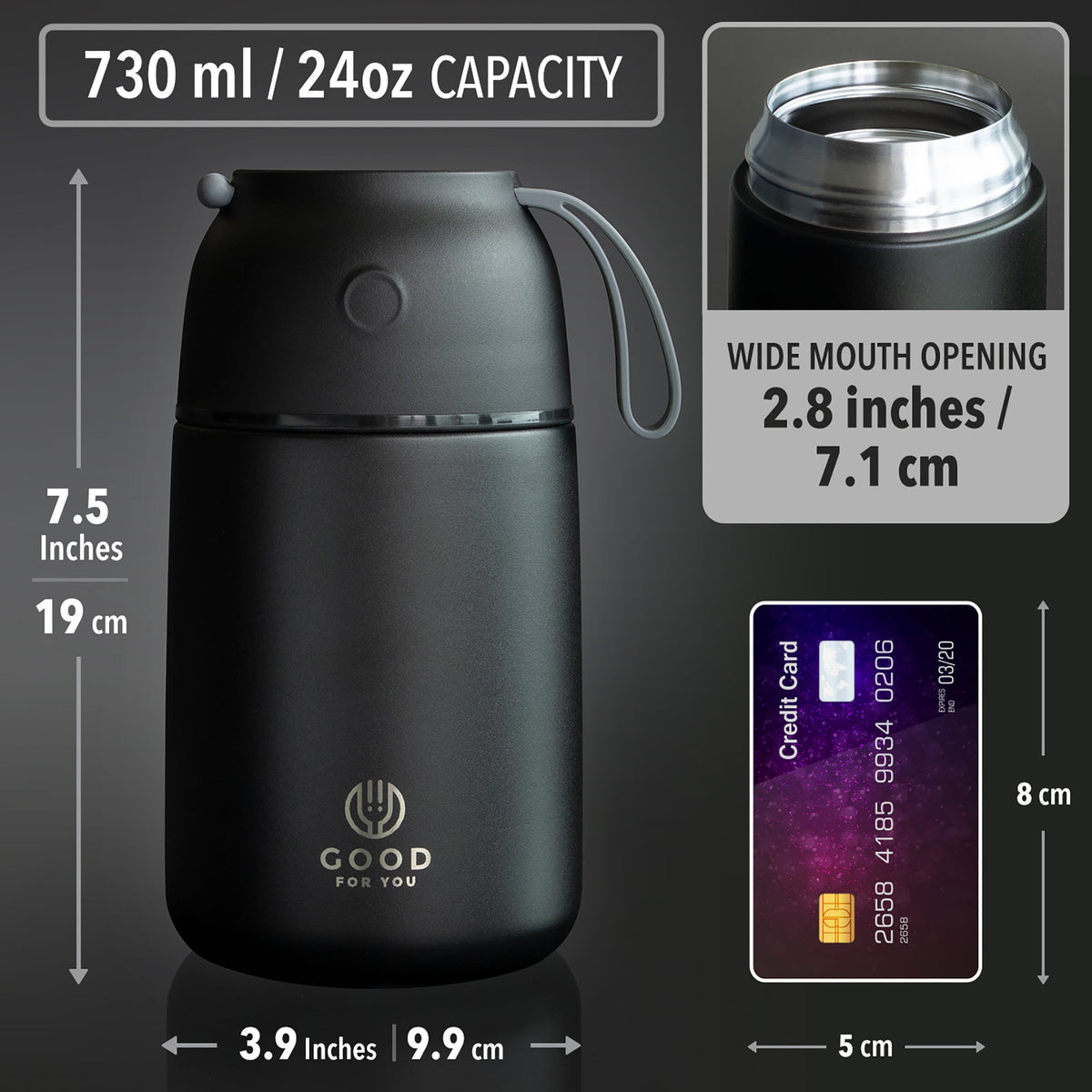 Insulated Food Flask 730ml for Adults – Hot Food & Soup Flask with Spoon for Work, Leak-Proof, BPA-Free Stainless Steel | Black