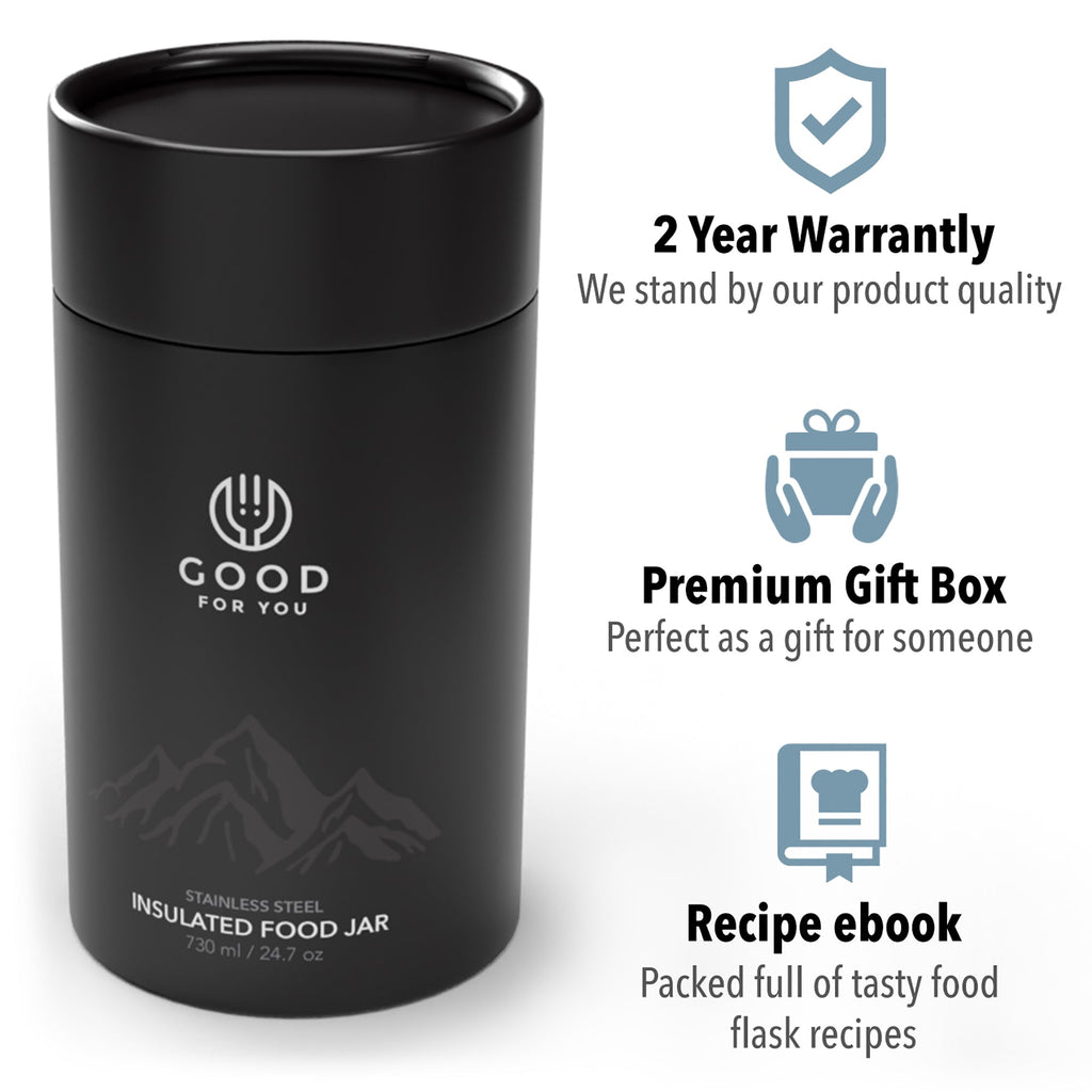 Insulated Food Flask 730ml for Adults – Hot Food & Soup Flask with Spoon for Work, Leak-Proof, BPA-Free Stainless Steel | Black