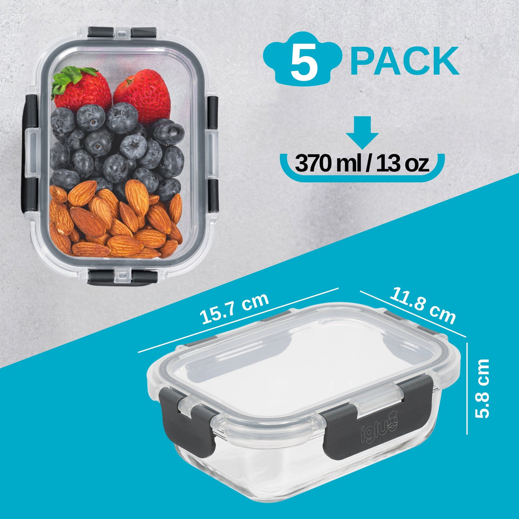 Rectangle Glass Food Storage Containers - 370ml - 5 PACK