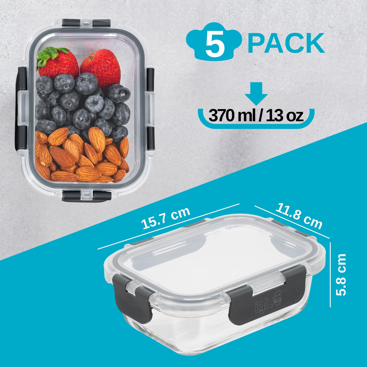 Rectangle Glass Food Storage Containers - 370ml - 5 PACK