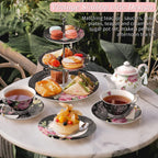 Mothers Day Coronation Party Afternoon Tea Coffee Cake Set with- 3 Tier Cake Stands 2 Cups 2 Saucers 4 Plate (Black