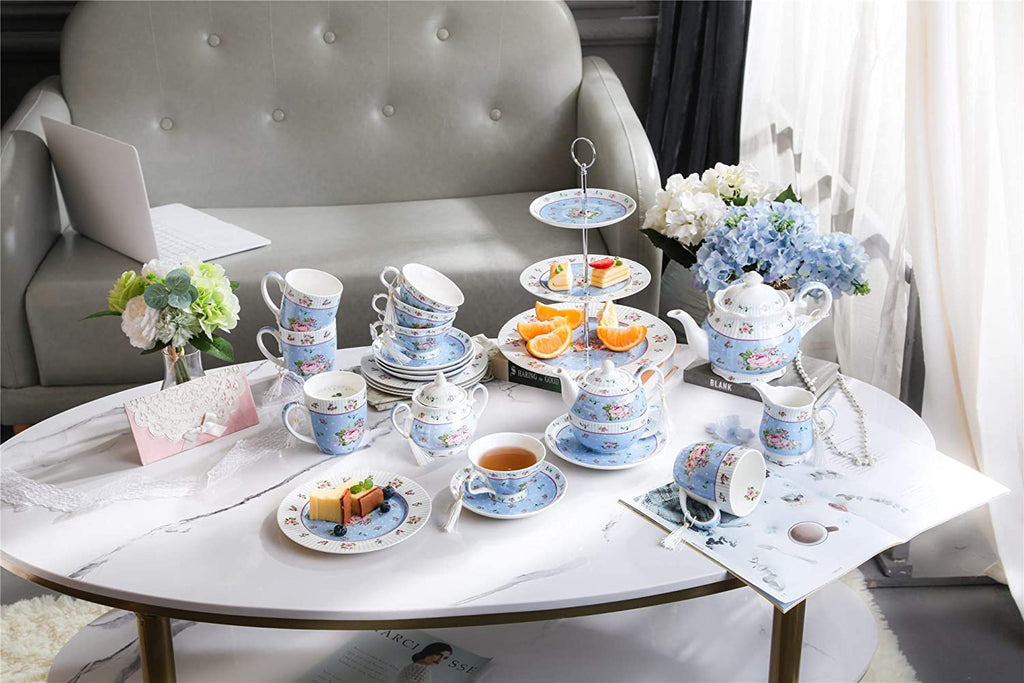 Cups Mugs Set 4 Fine China Shabby Chic Vintage Retro Design in Gift Box 330ML (Rose Blue)