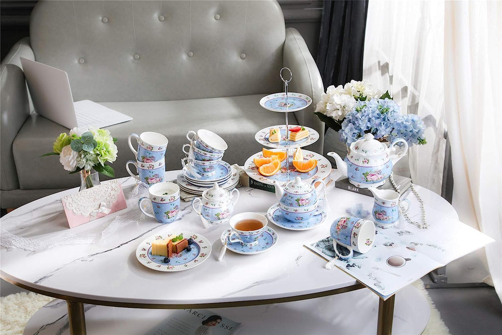 Mothers Day CoronationFamily Party Set Special 3 Tier Cake Stand Teapot Milk Jug 2 Cups 2 Saucers (Blue/ Pink)