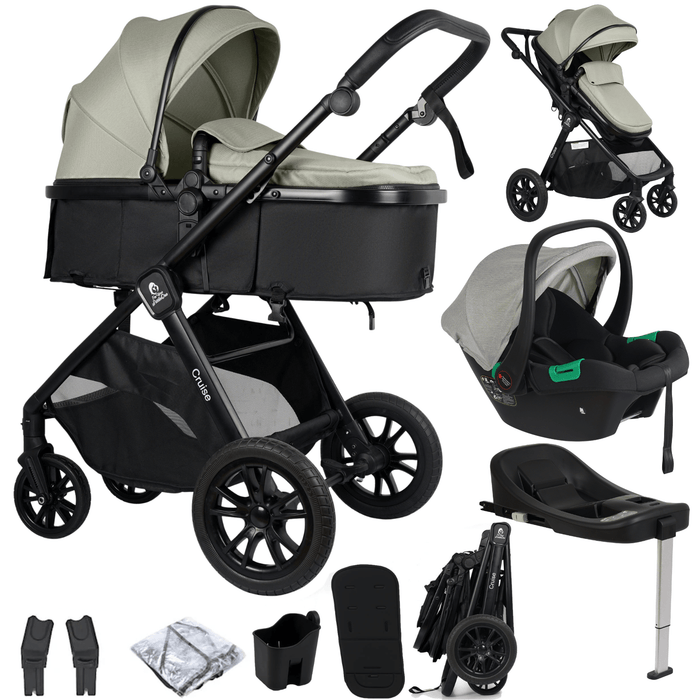 For Your Little One Cruise 3 In 1 Travel System With Car Seat And ISOFIX Base - Pebble Sage (Free Cupholder And Seat Liner Included!)