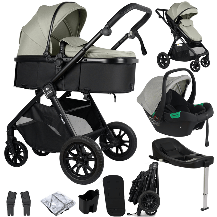 For Your Little One Cruise 3 In 1 Travel System With Car Seat And ISOFIX Base - Pebble Sage (Free Cupholder And Seat Liner Included!)