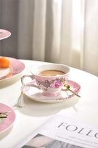 Coffee Tea Cup and Saucer 7.5" Dessert Plate Set 3 Shabby Chic Vintage Porcelain Bird Butterfly Floral Gift Box (Pink)