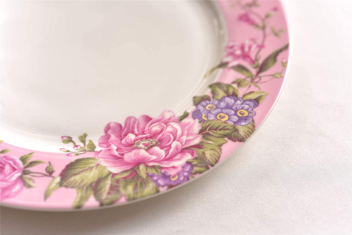 Coffee Tea Cup and Saucer 7.5" Dessert Plate Set 3 Shabby Chic Vintage Porcelain Bird Butterfly Floral Gift Box (Pink)
