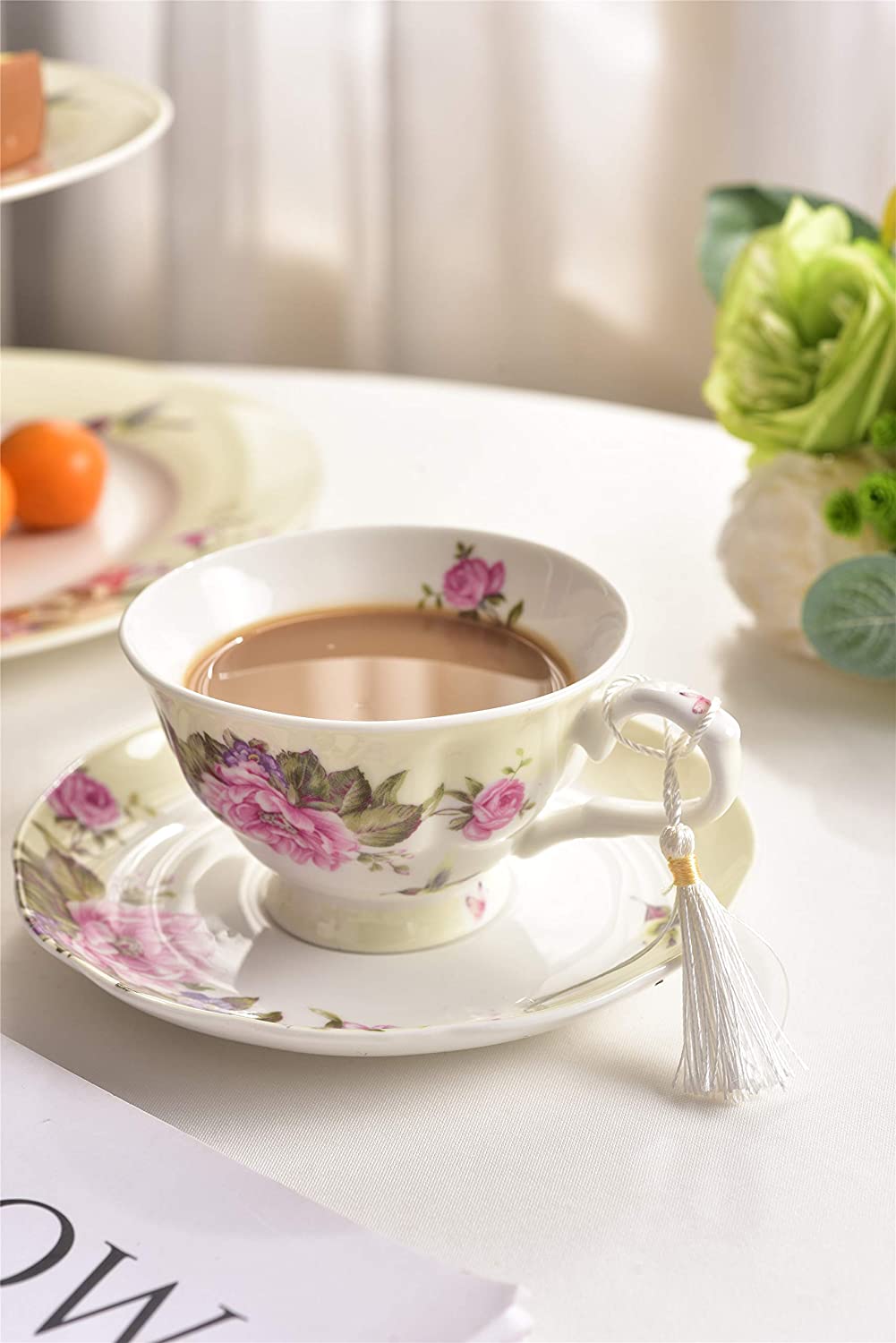 Coffee Tea Cup and Saucer 7.5" Dessert Plate Set 3 Shabby Chic Vintage Porcelain Bird Butterfly Floral Gift Box (Cream/Beige)