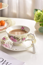 Coffee Tea Cup and Saucer 7.5" Dessert Plate Set 3 Shabby Chic Vintage Porcelain Bird Butterfly Floral Gift Box (Cream/Beige)