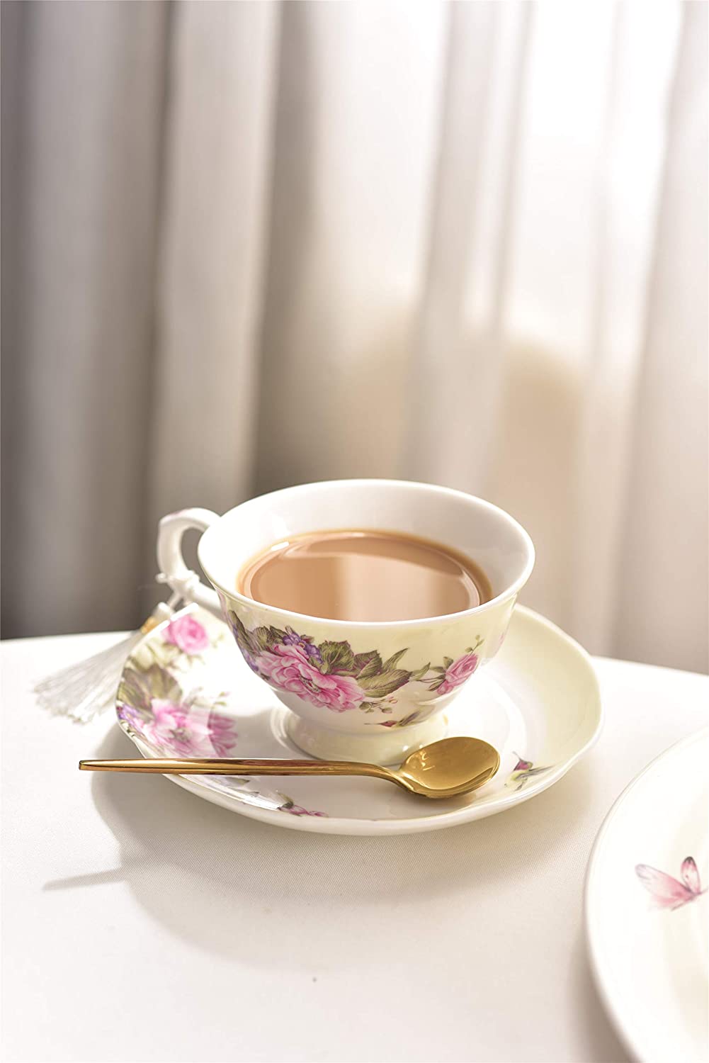 Coffee Tea Cup and Saucer 7.5" Dessert Plate Set 3 Shabby Chic Vintage Porcelain Bird Butterfly Floral Gift Box (Cream/Beige)