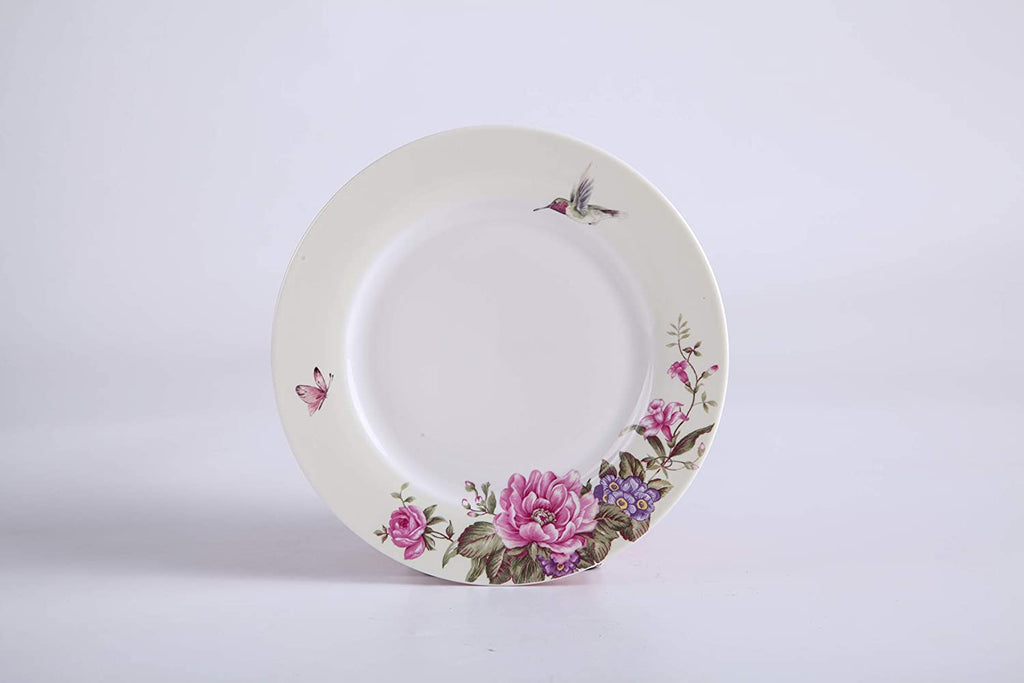 Coffee Tea Cup and Saucer 7.5" Dessert Plate Set 3 Shabby Chic Vintage Porcelain Bird Butterfly Floral Gift Box (Cream/Beige)