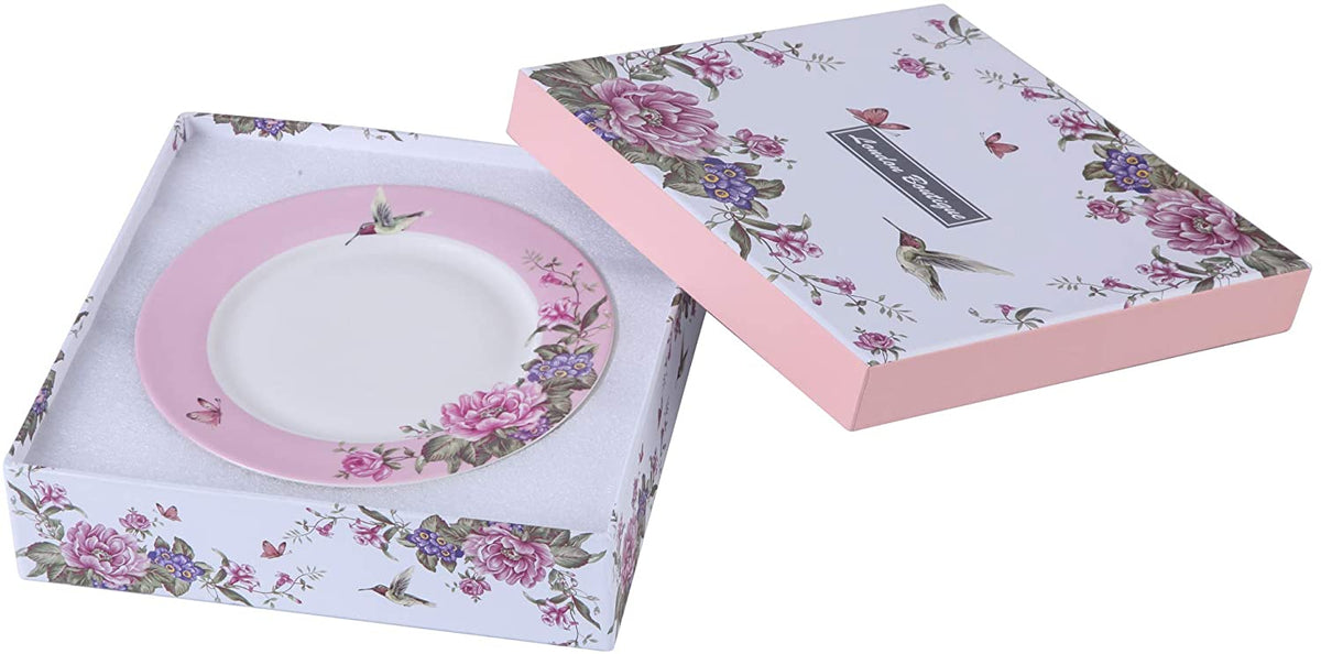 Porcelain Side Dessert Plates 7 Inches Wide Rimmed Shabby Chic Vintage Bird Butterly Floral Set 4 in Gift Box (1 Set)