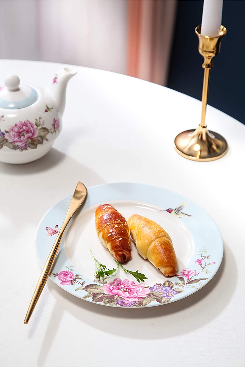 Porcelain Side Dessert Plates 7 Inches Wide Rimmed Shabby Chic Vintage Bird Butterly Floral Set 4 in Gift Box (1 Set)