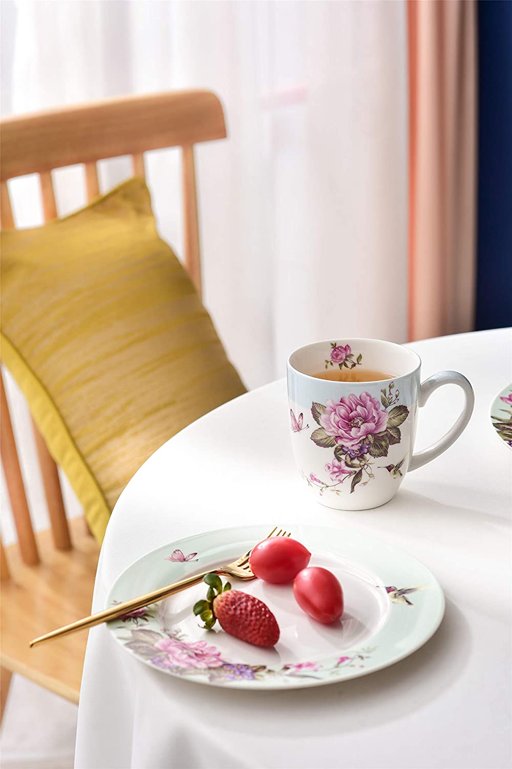 Porcelain Side Dessert Plates 7 Inches Wide Rimmed Shabby Chic Vintage Bird Butterly Floral Set 4 in Gift Box (1 Set)