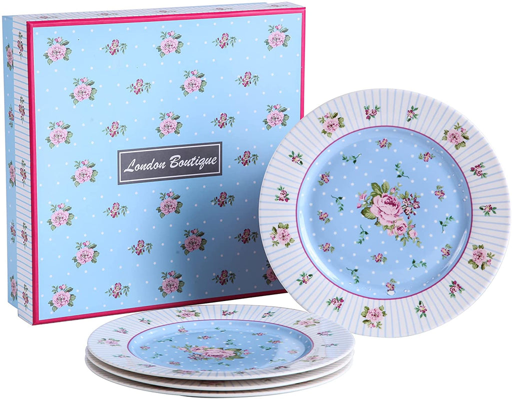 London Boutique Cake Plate Set 4 Porcelain Fine China Wide Rimmed Shabby Chic (Rose Blue)