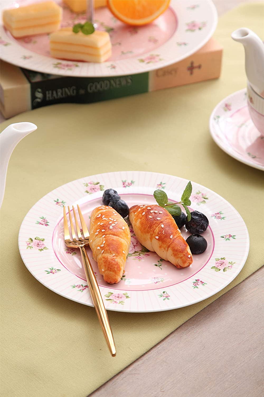 London Boutique Cake Plate Set 4 Porcelain Fine China Wide Rimmed Shabby Chic (Rose Pink)