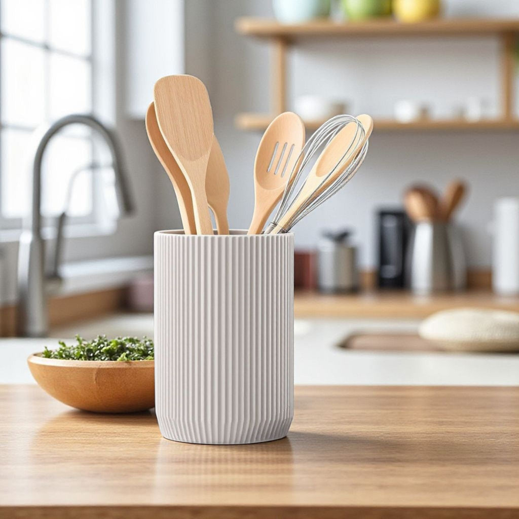 Modern Ribbed Kitchen Utensil Holder – Minimalist Ceramic Pot for Cooking Tools & Countertop Storage
