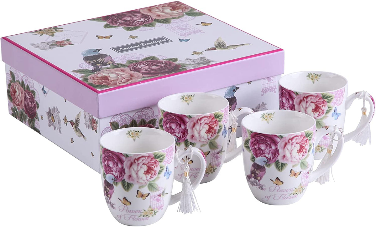 Cups Mugs Set 4 Fine China Shabby Chic Vintage Retro Design in Gift Box 330ML (Bird Rose Butterfly)