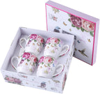 Cups Mugs Set 4 Fine China Shabby Chic Vintage Retro Design in Gift Box 330ML (Bird Rose Butterfly)