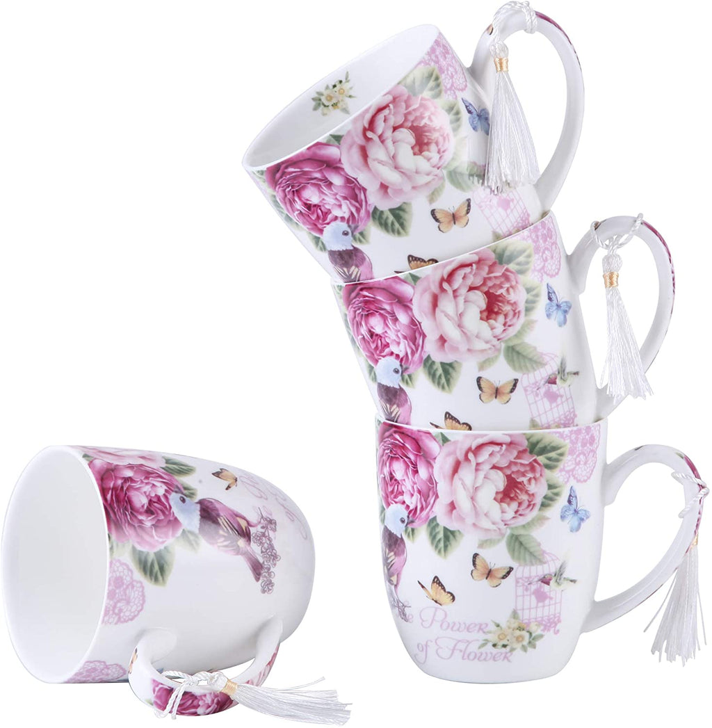 Cups Mugs Set 4 Fine China Shabby Chic Vintage Retro Design in Gift Box 330ML (Bird Rose Butterfly)