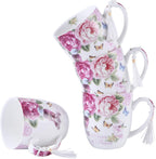 Cups Mugs Set 4 Fine China Shabby Chic Vintage Retro Design in Gift Box 330ML (Bird Rose Butterfly)