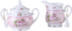 Porcelain Teapot Sets Teapot Sugar Bowl and Cream Milk Jug Shabby Chic Vintage Floral in Gift Box (Pink)